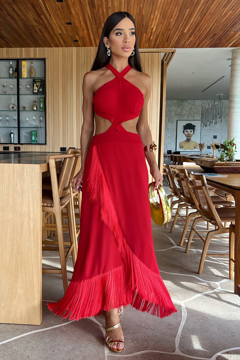 Cutout Slim Fit Fringed Sleeveless Open Back Maxi Dresses-Red [Pre Order]