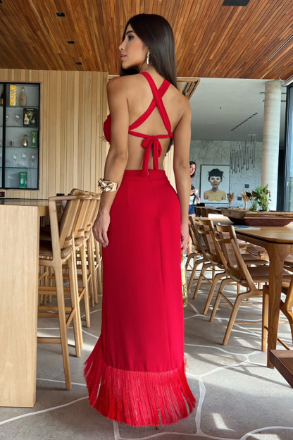 Cutout Slim Fit Fringed Sleeveless Open Back Maxi Dresses-Red [Pre Order]