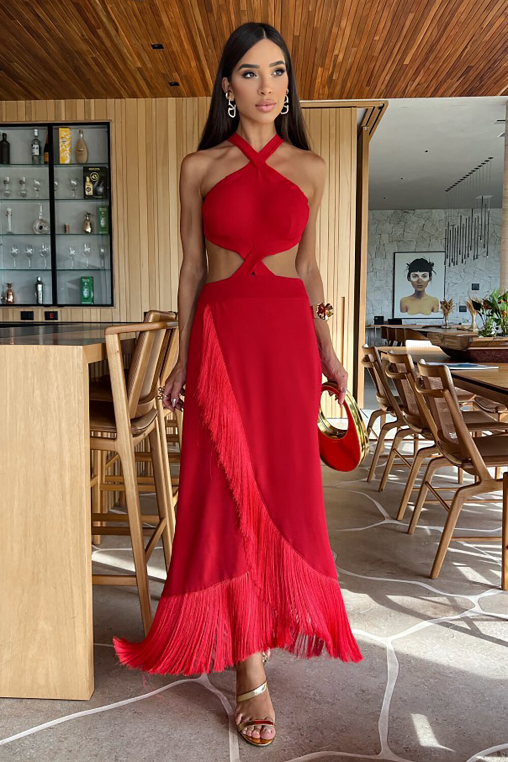 Cutout Slim Fit Fringed Sleeveless Open Back Maxi Dresses-Red [Pre Order]