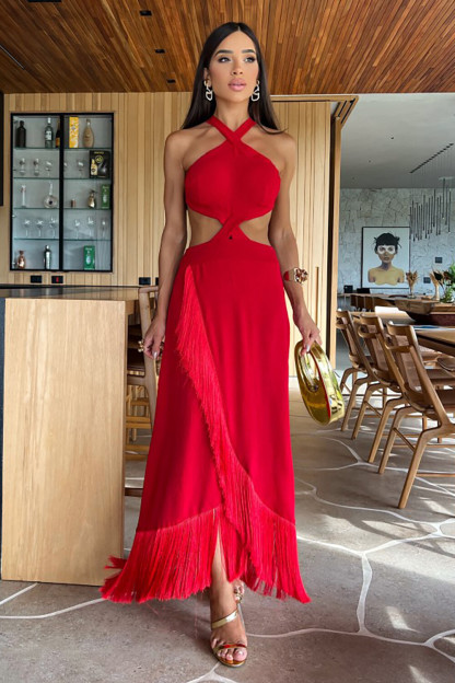 Cutout Slim Fit Fringed Sleeveless Open Back Maxi Dresses-Red [Pre Order]