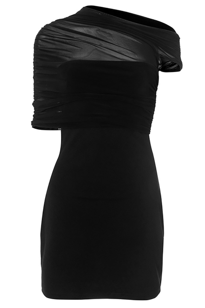 Ruched Mesh Patchwork Bodycon Asymmetrical Mini Dresses-Black