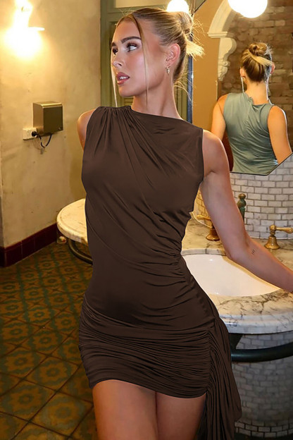 Solid Color Slim Fit Ruched Side Streamer Mini Tank Dresses-Blue