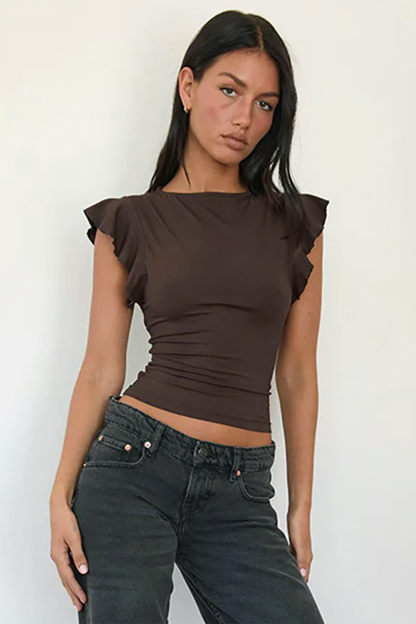 Ruffled Sleeve Round Neck Slim Fit Casual Top-Brown
