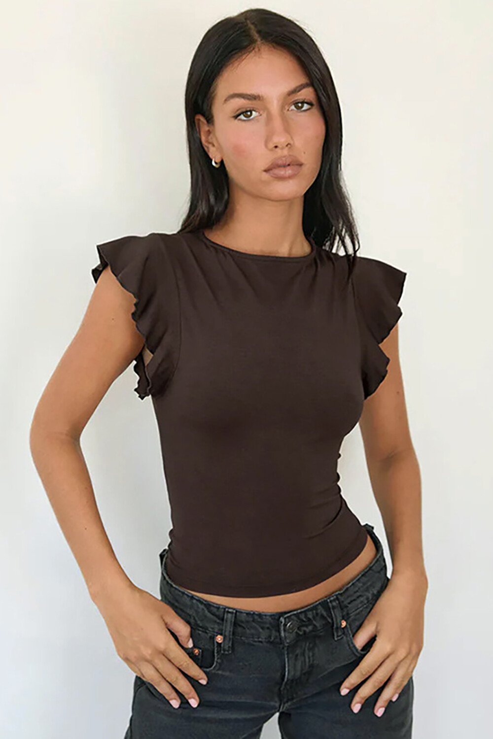 Ruffled Sleeve Round Neck Slim Fit Casual Top-Brown
