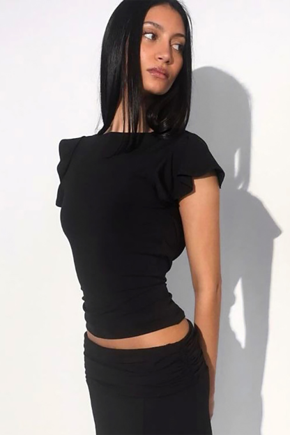 Ruffled Sleeve Round Neck Slim Fit Casual Top-Brown
