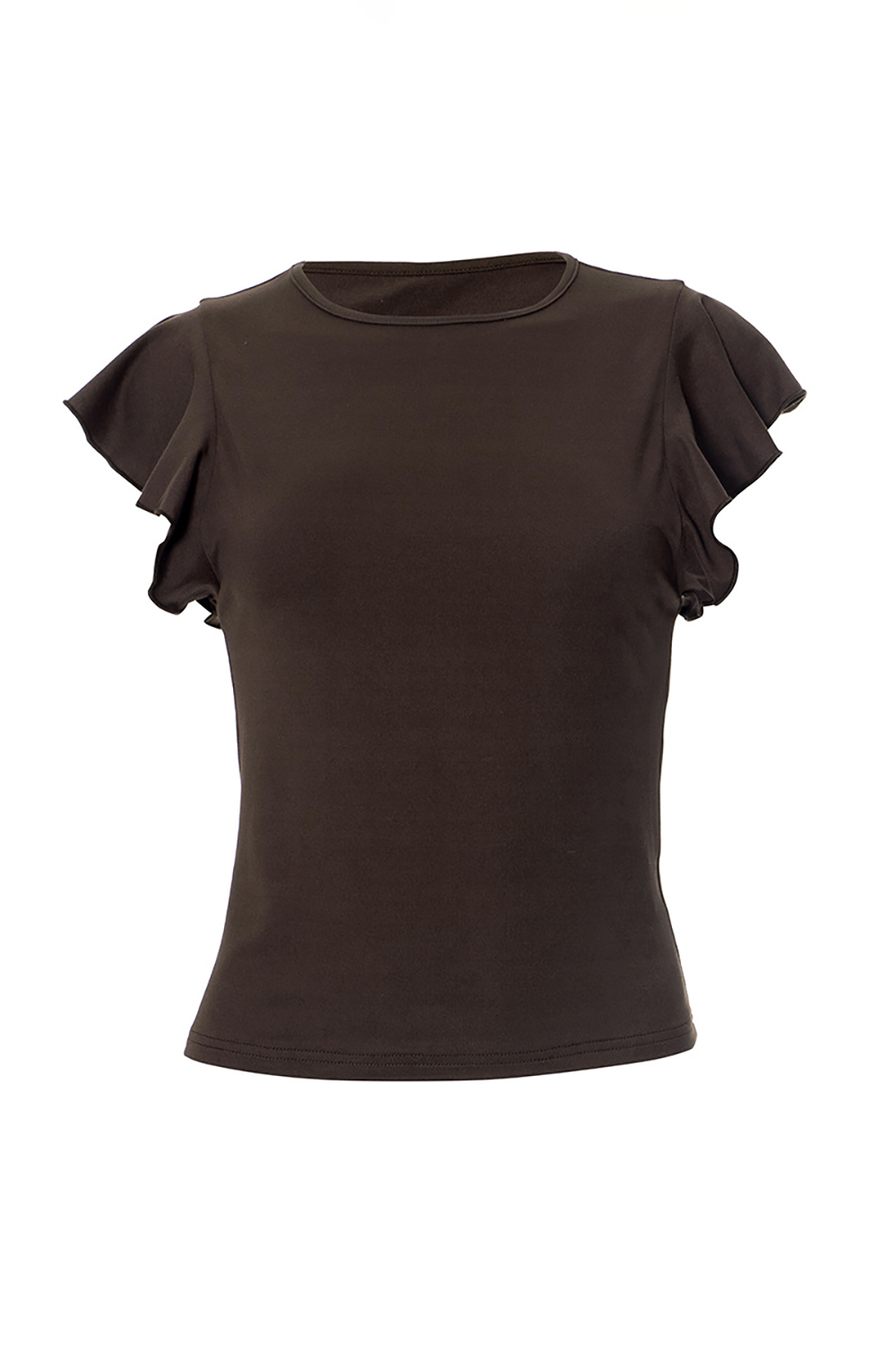 Ruffled Sleeve Round Neck Slim Fit Casual Top-Brown