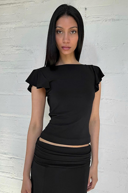 Ruffled Sleeve Round Neck Slim Fit Casual Top-Brown