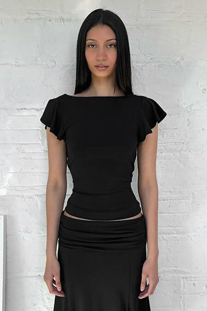 Ruffled Sleeve Round Neck Slim Fit Casual Top-Brown