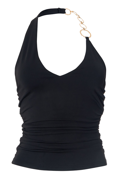 O-Ring Chain Halter Plunging Neck Slim Fit Top-Black