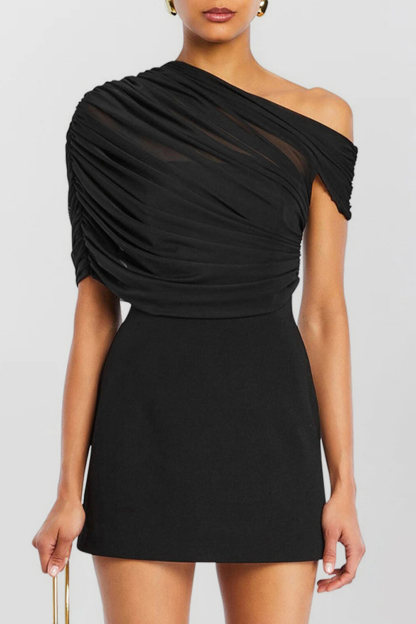 Ruched Mesh Patchwork Bodycon Asymmetrical Mini Dresses-Black