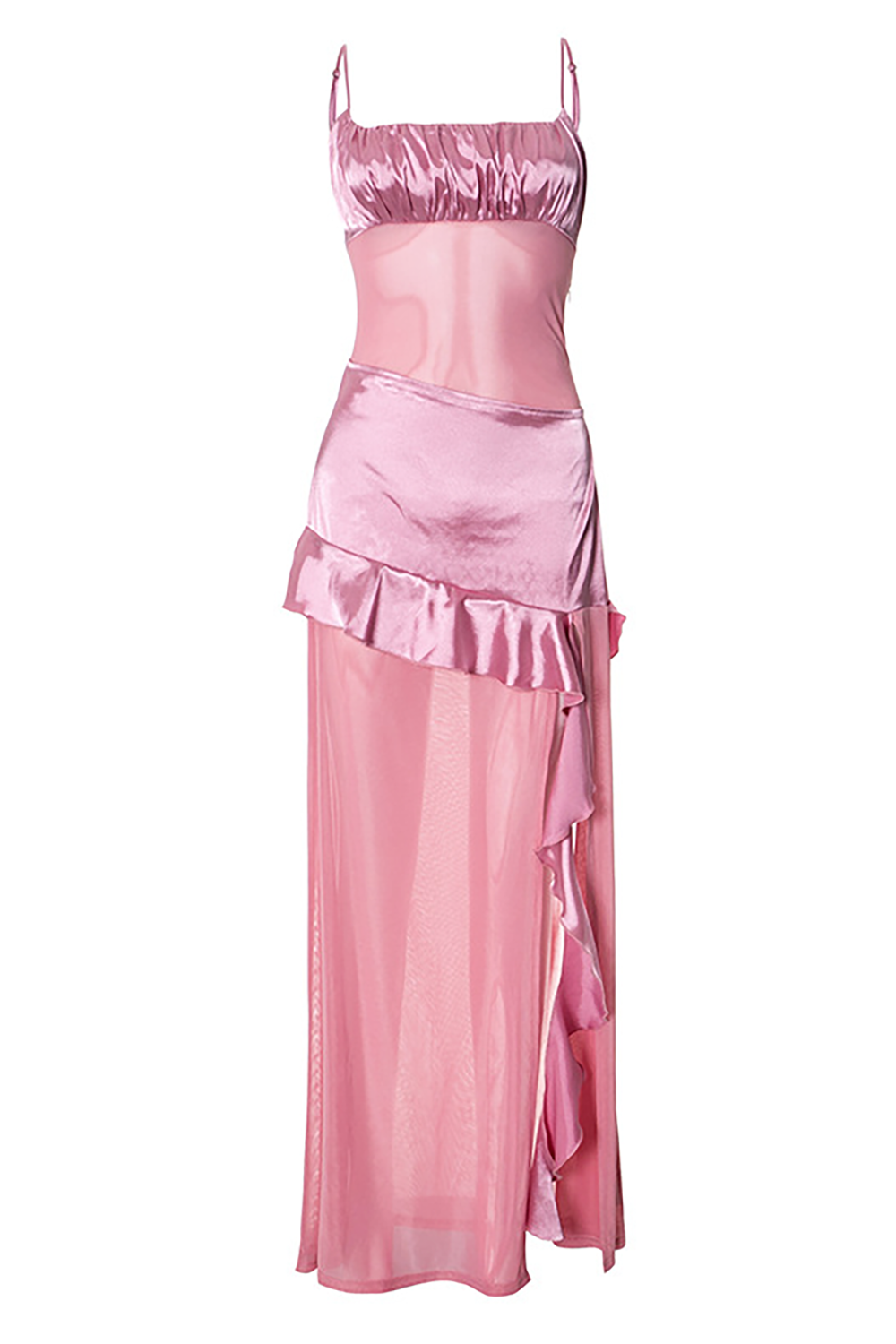 Semi Sheer Mesh Patchwork Ruffled High Slit Boat Neck Slip Maxi Dresses-Pink