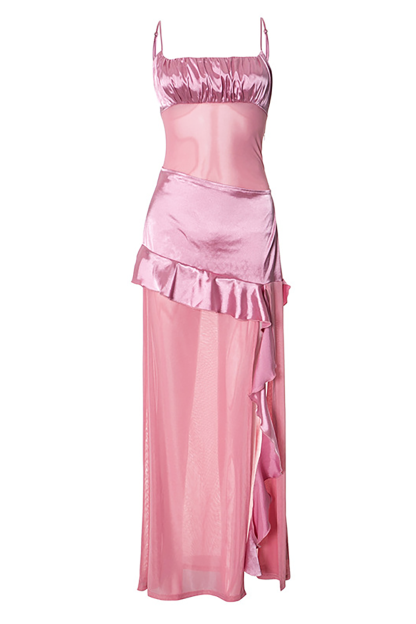 Semi Sheer Mesh Patchwork Ruffled High Slit Boat Neck Slip Maxi Dresses-Pink