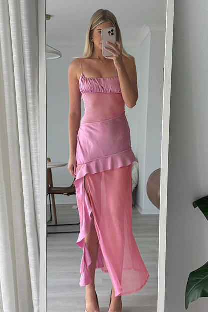 Semi Sheer Mesh Patchwork Ruffled High Slit Boat Neck Slip Maxi Dresses-Pink