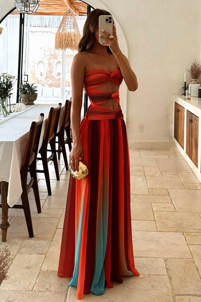 Strapless Cutout Gradient Color A-Line Maxi Dresses-Red [Pre Order]
