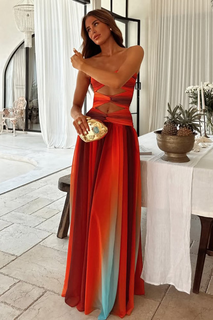 Strapless Cutout Gradient Color A-Line Maxi Dresses-Red [Pre Order]