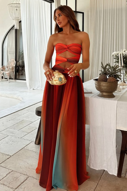 Strapless Cutout Gradient Color A-Line Maxi Dresses-Red [Pre Order]