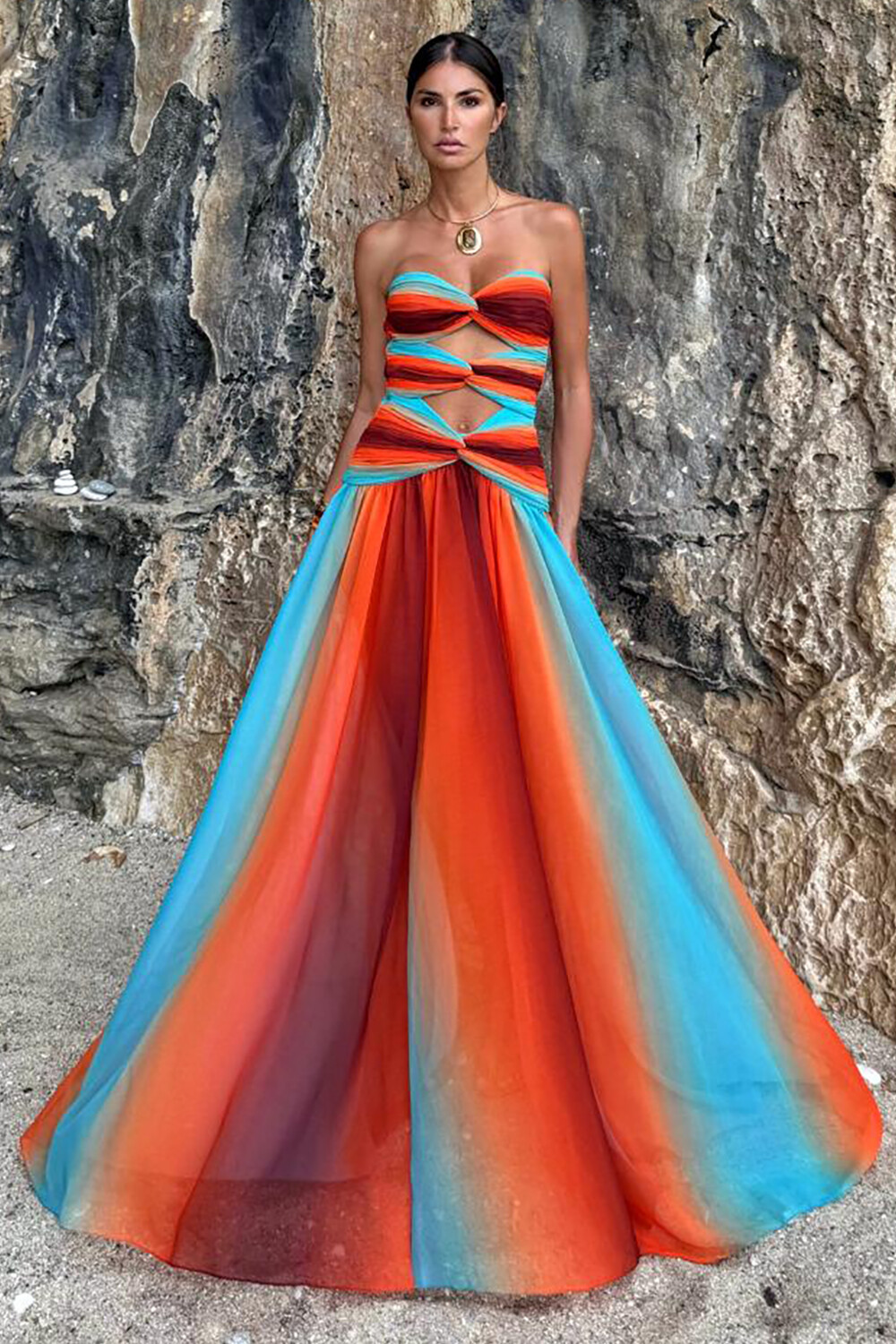 Strapless Cutout Gradient Color A-Line Maxi Dresses-Red [Pre Order]