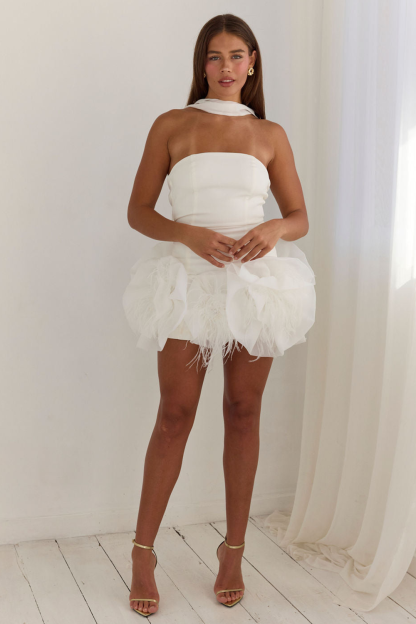 3D Flower Applique Strapless Bodycon Mini Dresses-White [Pre Order]
