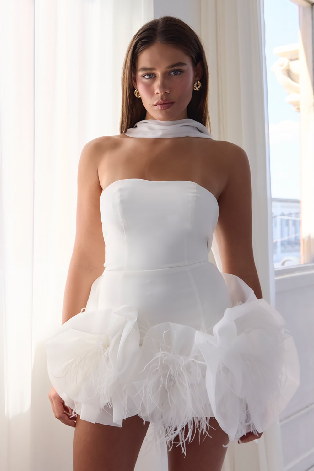 3D Flower Applique Strapless Bodycon Mini Dresses-White [Pre Order]