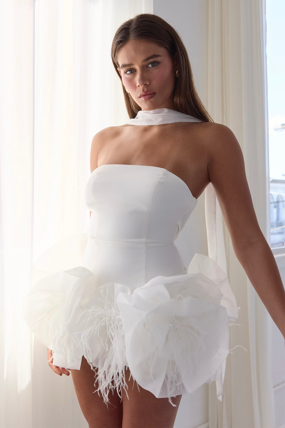 3D Flower Applique Strapless Bodycon Mini Dresses-White [Pre Order]