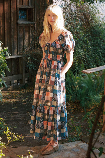 Ditsy Floral Print Patchwork Puff Sleeve A-Line Maxi Dresses-Blue [Pre Order]