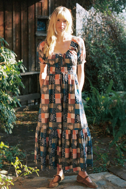 Ditsy Floral Print Patchwork Puff Sleeve A-Line Maxi Dresses-Blue [Pre Order]