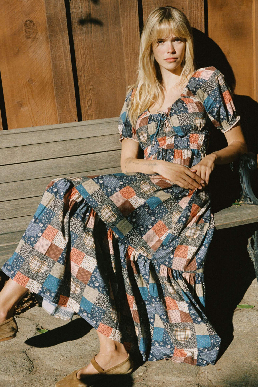 Ditsy Floral Print Patchwork Puff Sleeve A-Line Maxi Dresses-Blue [Pre Order]