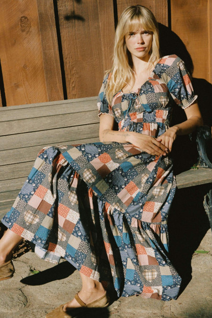 Ditsy Floral Print Patchwork Puff Sleeve A-Line Maxi Dresses-Blue [Pre Order]