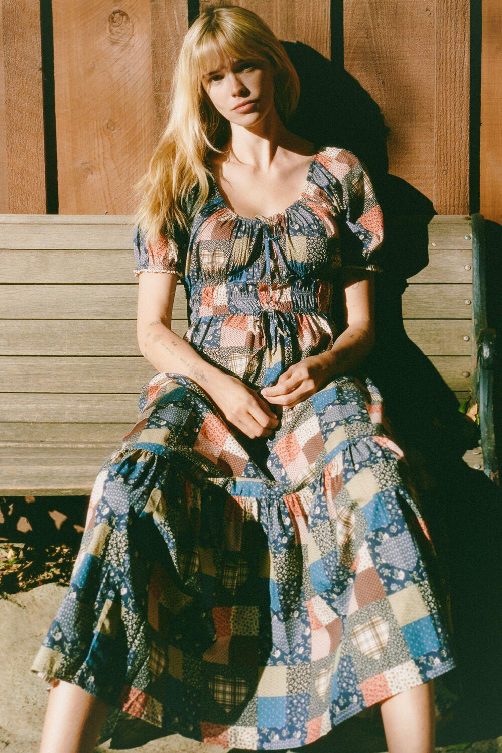 Ditsy Floral Print Patchwork Puff Sleeve A-Line Maxi Dresses-Blue [Pre Order]