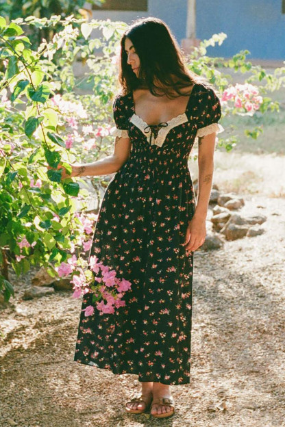 Ditsy Floral Print Lace Trim Puff Sleeve A-Line Midi Dresses-Black [Pre Order]