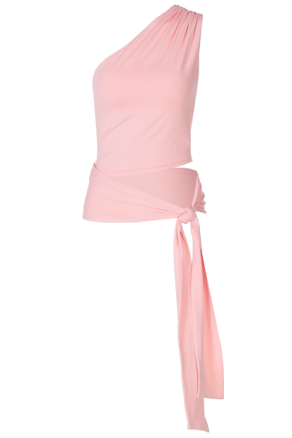 Sleeveless One Shoulder Cutout Tie Up Streamer Plain Top-Black