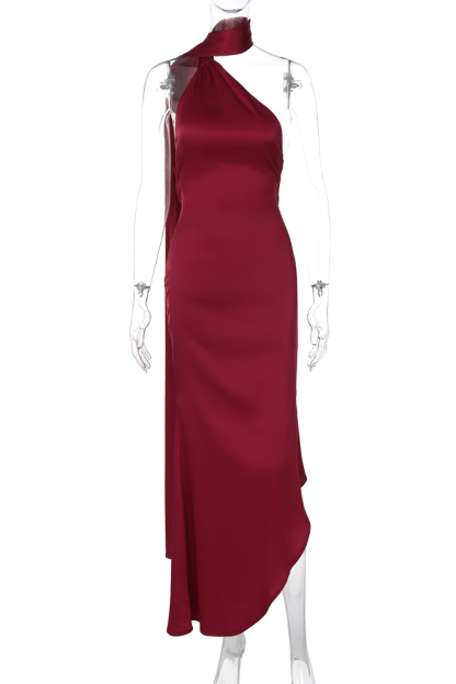 Halter Streamer One Shoulder Sleeveless Irregular Plain Maxi Dresses-Burgundy