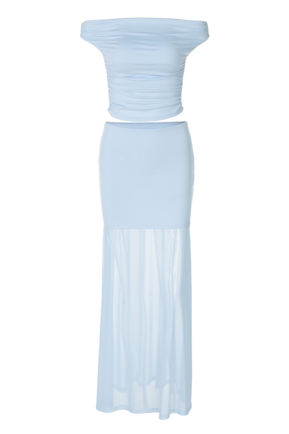 Off Shoulder Ruched Crop Top Mesh Patchwork Maxi Skirt 2pcs Set-Blue