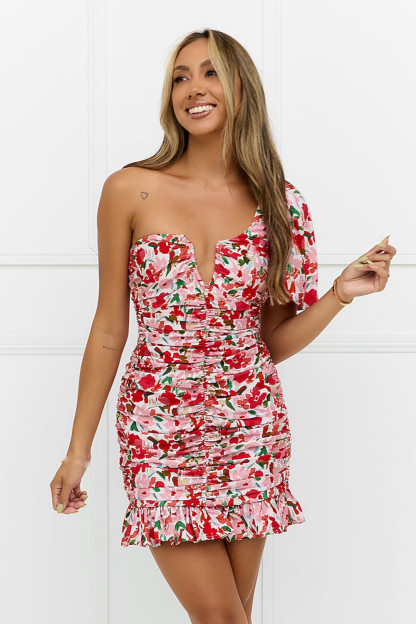 Floral Print One Shoulder Short Sleeve Ruched Mini Dresses-Pink [Pre Order]