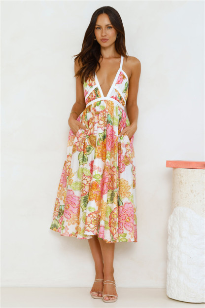 Floral Print Deep V Neck Tie Up Backless Slip Midi Dresses-White [Pre Order]