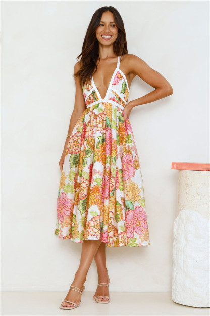 Floral Print Deep V Neck Tie Up Backless Slip Midi Dresses-White [Pre Order]