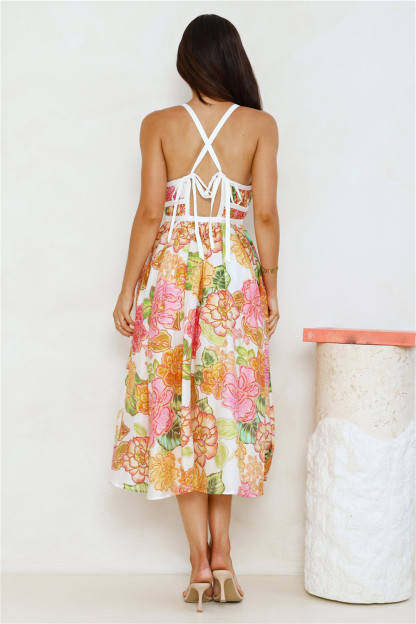 Floral Print Deep V Neck Tie Up Backless Slip Midi Dresses-White [Pre Order]