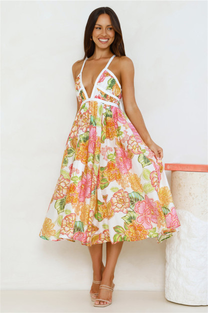 Floral Print Deep V Neck Tie Up Backless Slip Midi Dresses-White [Pre Order]