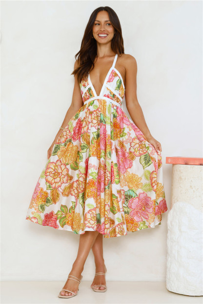Floral Print Deep V Neck Tie Up Backless Slip Midi Dresses-White [Pre Order]