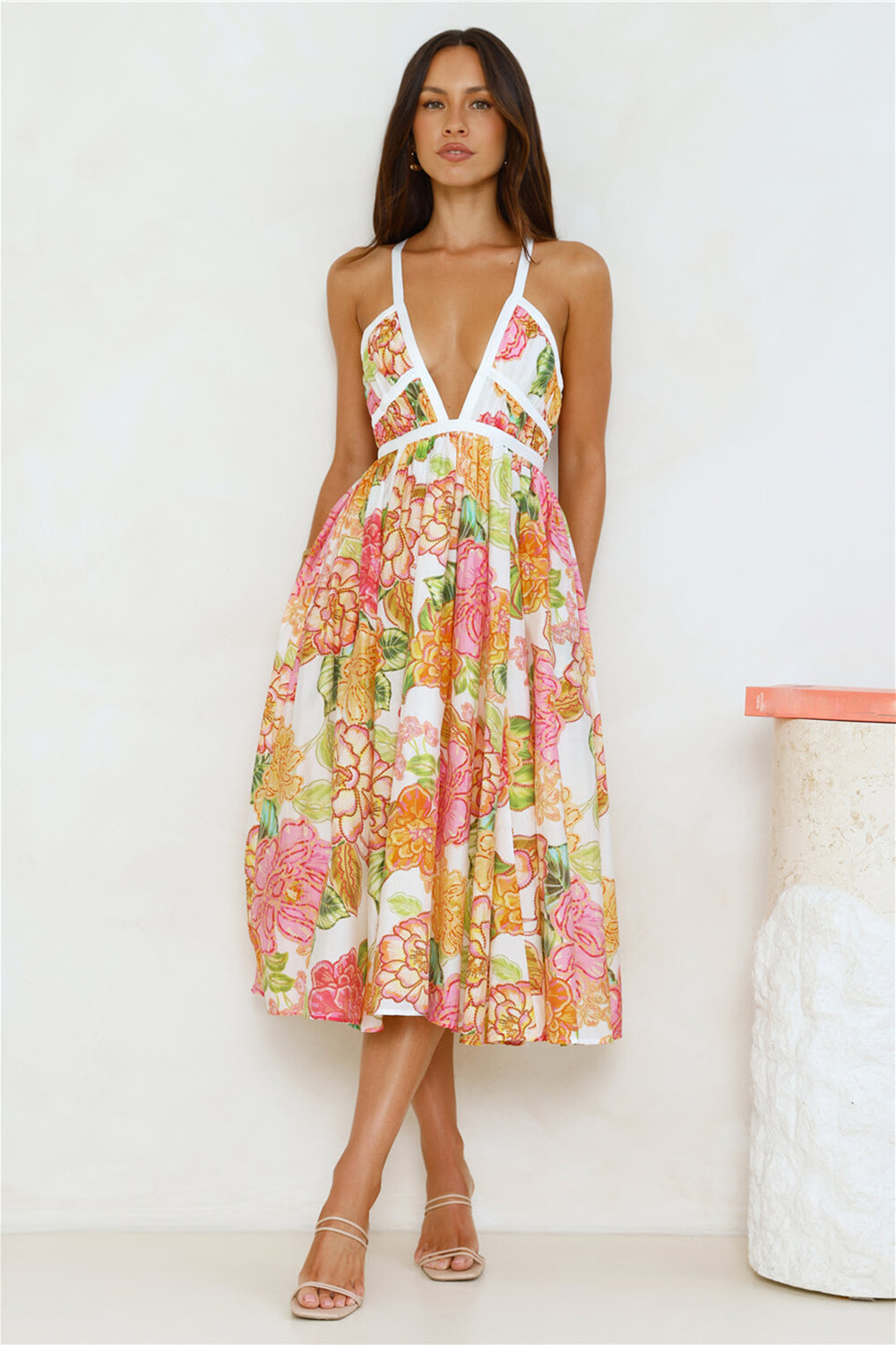 Floral Print Deep V Neck Tie Up Backless Slip Midi Dresses-White [Pre Order]