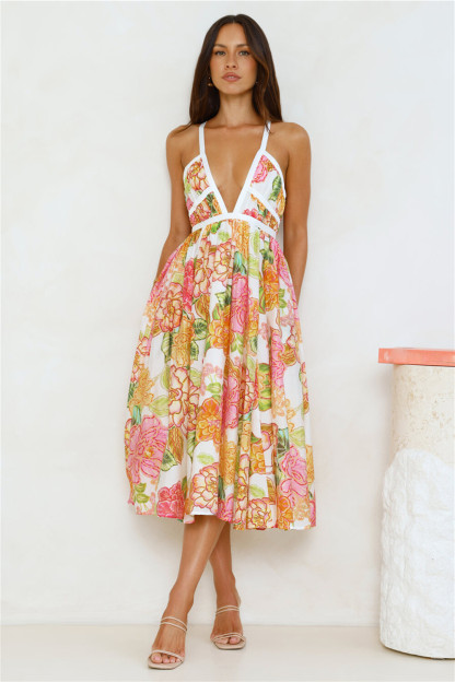 Floral Print Deep V Neck Tie Up Backless Slip Midi Dresses-White [Pre Order]