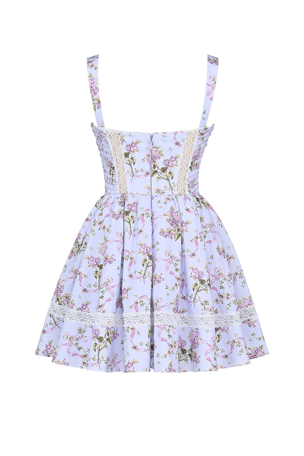 Lace Trim Floral Print Cinch Waist Mini Slip Dresses-Blue [Pre Order]