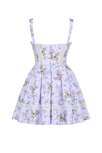 Lace Trim Floral Print Cinch Waist Mini Slip Dresses-Blue [Pre Order]