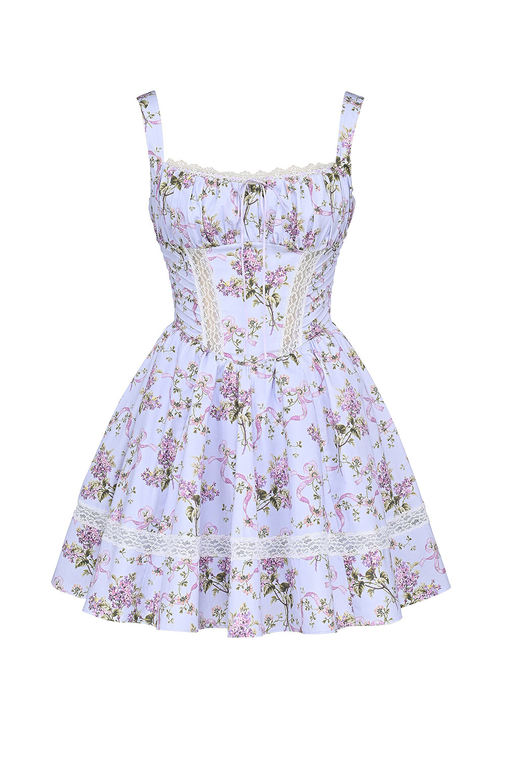 Lace Trim Floral Print Cinch Waist Mini Slip Dresses-Blue [Pre Order]