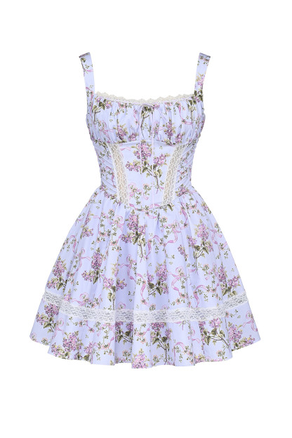 Lace Trim Floral Print Cinch Waist Mini Slip Dresses-Blue [Pre Order]