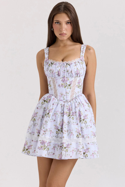 Lace Trim Floral Print Cinch Waist Mini Slip Dresses-Blue [Pre Order]