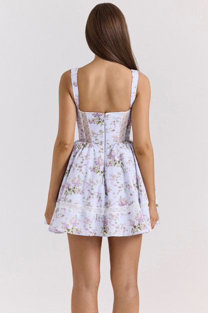 Lace Trim Floral Print Cinch Waist Mini Slip Dresses-Blue [Pre Order]