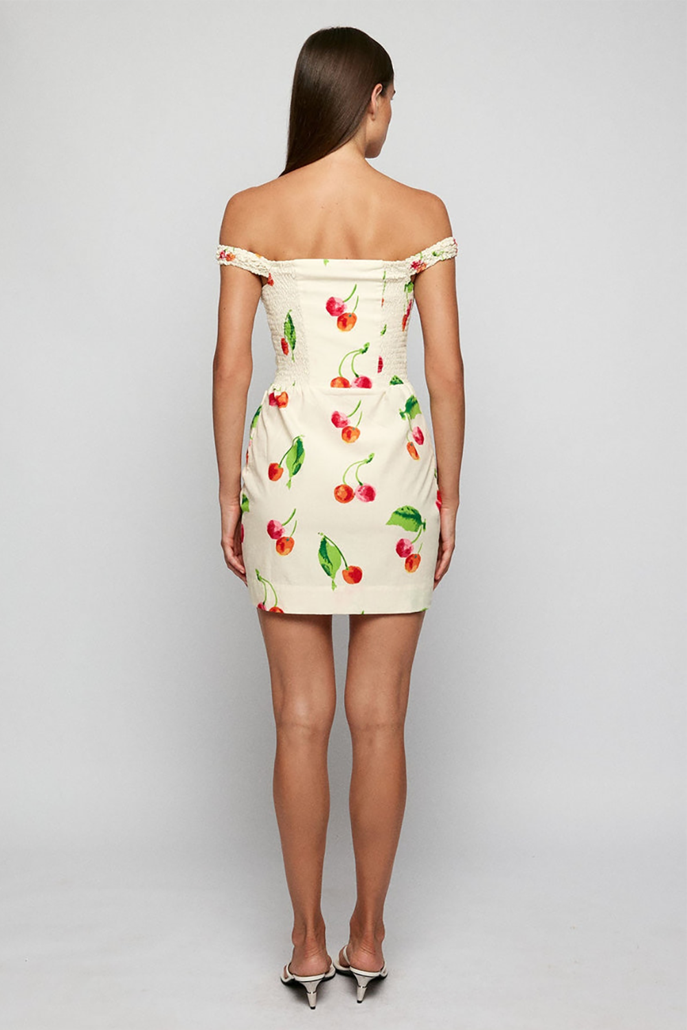 Cherry Print Textured Off Shoulder Bodycon Mini Dresses-Beige [Pre Order]