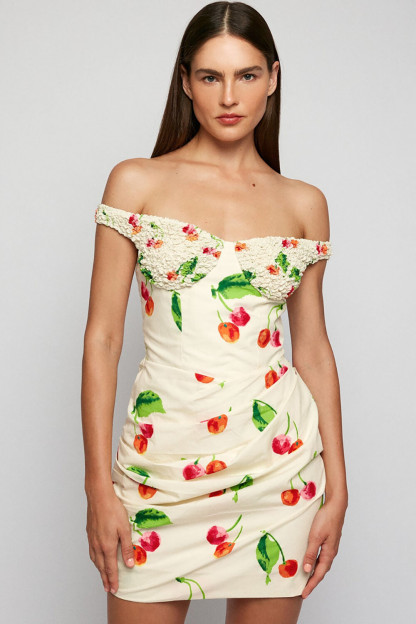 Cherry Print Textured Off Shoulder Bodycon Mini Dresses-Beige [Pre Order]