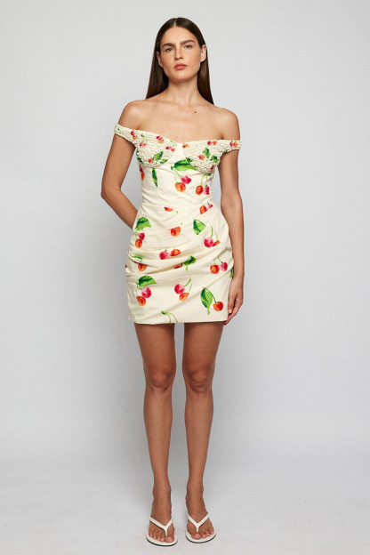 Cherry Print Textured Off Shoulder Bodycon Mini Dresses-Beige [Pre Order]